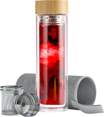 Produktbild von EAZY CASE Teeflasche aus Glas mit Bambus Deckel, Teesieb aus Edelstahl und Neoprenhülle, Teekanne ideal für unterwegs, doppelwandige Trinkflasche, Tee Flasche to Go 500 ml