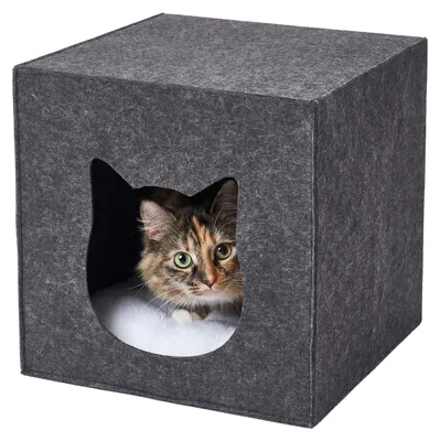Obrázok produktu pre Relaxdays Kočičia búdka, plsť, VxŠxH: 33 x 33 x 37 cm, búdka na poličky, skladateľná, s vankúšom, kočičí pelech, tmavošedá