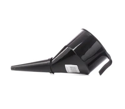 A black plastic funnel is shown lying on its side against a white background.