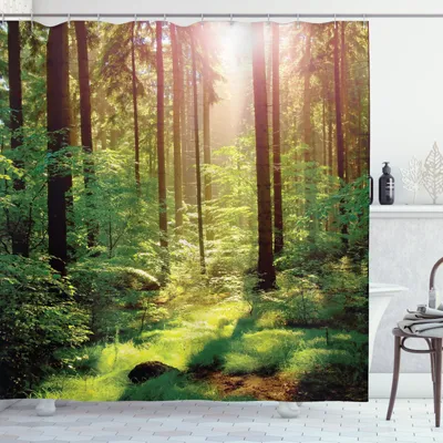 Produktbild von ABAKUHAUS Wald Duschvorhang, Sunset Moss Woods Bäume, aus Stoff inkl.12 Haken Digitaldruck Farbfest Langhaltig Bakterie Resistent, 175 x 180 cm, Grün-Braunen