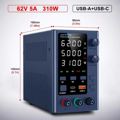Image de Alimentation de laboratoire - Alimentation DC réglable - 0 à 62V, 0 à 5A - Tension et courant réglables - Port de charge USB - Prise européenne - Sortie unique