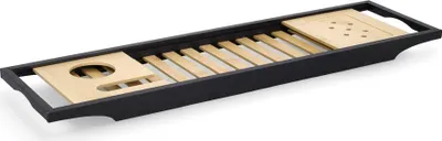 A black bathtub caddy with wooden slats and inserts.