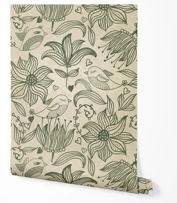Produktbild von Selbstklebende Tapete Möbelfolie Blumen Vögel Tapete Floral Muster Vintage Modern Wohnzimmer Schlafzimmer Küche Flur Wanddeko Natur Design Beige Grün Skandinavisch Landhaus Stil 2,5m x 0,5m
