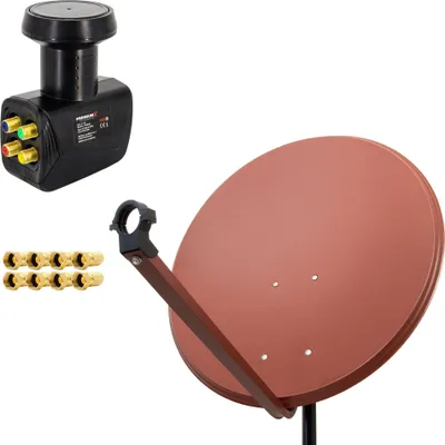 A satellite dish, LNB, and F-connectors are displayed against a white background.