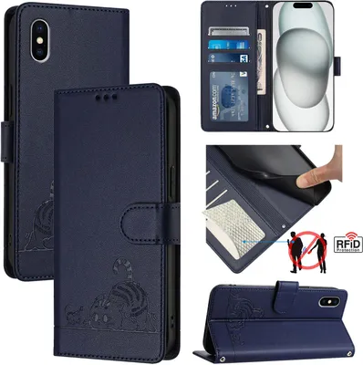Produktbild von Leder Hülle für iPhone X/iPhone XS Süße Katze Flip Case Brieftasche Schutzhülle mit Standfunktion Blau
