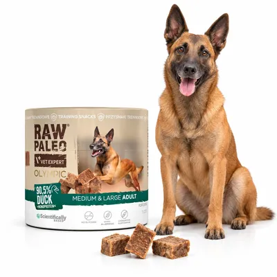Imagen del producto de Bocadillo para perros VetExpert Raw Paleo, hipoalergénico, sabor pato, tamaño M/L, 90g, Imagen generada por IA