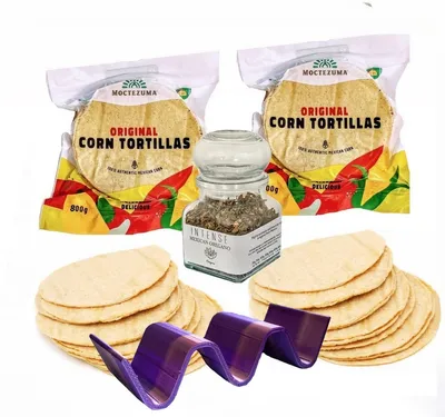 Zdjęcie produktu dla 2x500g Real Mexican tortillas with nixtamal Vegan,Gmo-Free, Gluten Free, taco holder 19x3x4 cm and Mexican Oregano sun dried 20g