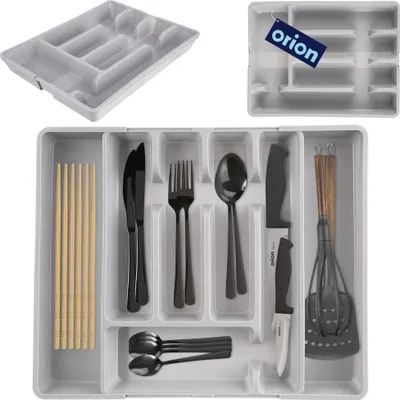 A collage of images showing a cutlery organizer and its contents.