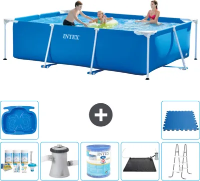 Produktbild von Intex-Schwimmbecken mit rechteckigem Rahmen – 300 x 200 x 75 cm – Blau – im Lieferumfang enthalten Wartungspaket - Filterpumpe für Schwimmbad - Filter - Solarmatte - Leiter - Fußbad