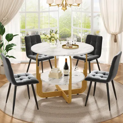 Produktbild von Sweiko Esstisch-Set (5-teilig), Esstisch-Set mit 4 Stühlen, Modernes Küchen-Esstisch-Set, Runder Küchentisch mit 80 cm Durchmesser und goldenen Metallbeinen, MDF-Marmor-Tischplatte, Esszimmerstühle aus graue