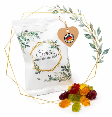 Produktbild von Fruchtgummi-Päckchen Schön, dass du da bist, Weiß Matt mit Eukalyptus100 Stück