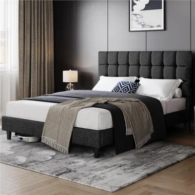Produktbild von Yaheetech Polsterbett, Dunkelgrau, 160x200 cm, mit höhenverstellbarem Kopfteil, Lattenrost und stabilem Rahmen im modernen Design