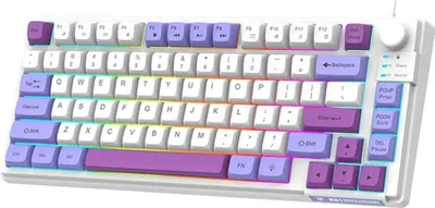 A white gaming keyboard with multi-colored keycaps and RGB backlighting, shown from a slightly elevated front-side angle on a white background.