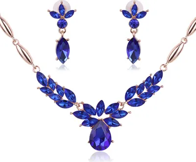 Produktbild von Frauen-Strass-Blumen-Anhänger-Legierungs-Halsketten-Ohrringe-Hochzeits-Schmuck-Set-Blau