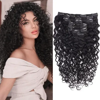 Obrázok produktu pre Clip-in predĺženie vlasov, prírodné vlasy, kučeravé, 50 cm, 120 g, 8 kusov, prírodná čierna