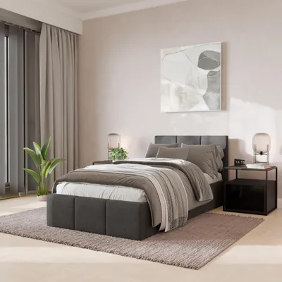 A bedroom scene with a bed, nightstands, and curtains.