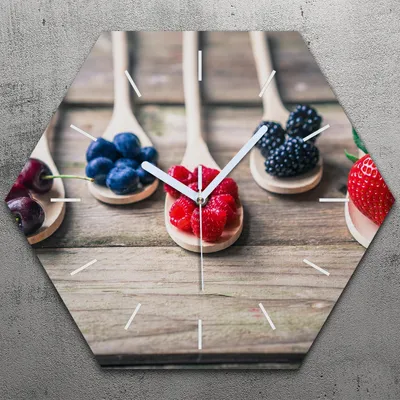 Produktbild von Uhr hexagonal 40 cm Glas Geräuschlos weiße Zeiger - Früchte auf Holz