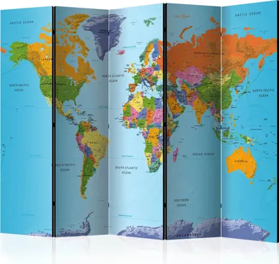 Produktbild von 5-teiliger Doppelseitiger Vlies Paravent - Colourful Geography 225x172 cm k-A-0095-z-c