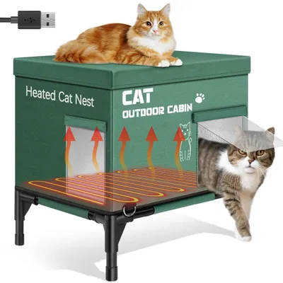 Produktbild von Meulbaty beheiztes Katzenhaus mit 3 Heizstufen, erhöhtem Boden und Kissen, Größe S, Grün