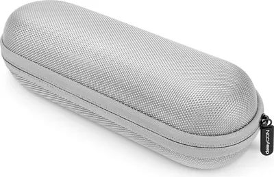 A silver hard-shell case for storing personal care items.