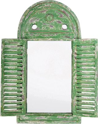 2 Stück Esschert Design Wandspiegel, Garderobenspiegel im Louvre Stil, verwittertes grün mit Fensterläden, ca. 39 cm x 55 cm