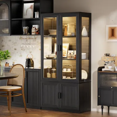 Produktbild von Mehrzweckschrank mit LED Beleuchtung, Schwarz, Vitrinenschrank mit Sensorik und Pufferscharnieren