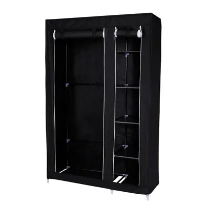 Produktbild von dibea Stoffkleiderschrank, stabiler Faltschrank mit Kleiderstange & Fächern, Stahlrohrgestell & Vliesbezug, 175x110x45 cm, schwarz