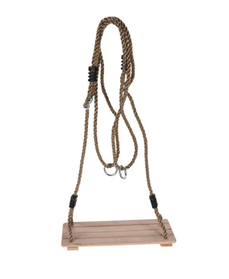 A wooden swing with rope is shown against a white background.