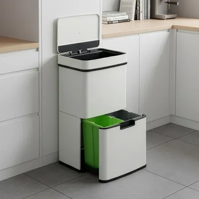 A stacked trash can system in a kitchen setting.