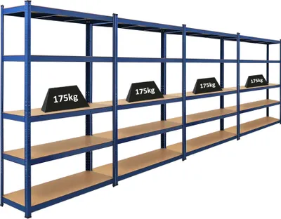 Produktbild von Mega Deal | 4x Schwerlastregal Ragnar | HxBxT 180x120x40cm | 5 MDF-Platten-Ebenen | Fachlast 175kg | Blau