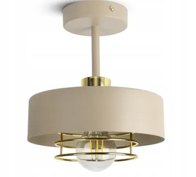 A modern ceiling lamp with a beige shade and gold accents, featuring a metal wire cage around the light bulb.