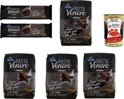 Produktbild von Riso Scotti Pasta Venere Testpaket Spaghetti - Fusilli - Penne, Pasta aus Hartweizengrieß und Schwarzem Venere-Vollkornr'eismehl,Packung mit 6x 400g + Italian Gourmet Polpa di Pomodoro 400g Dose