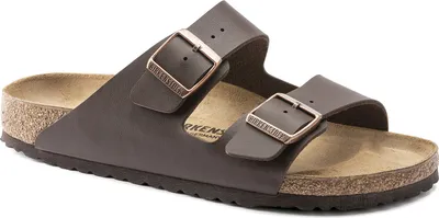 A single brown Birkenstock sandal is shown against a white background.