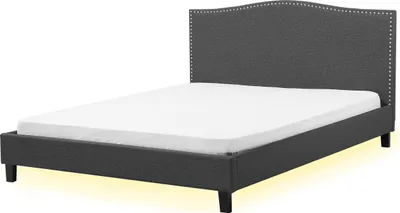 Obrázok produktu pre BELIANI Čalúnená posteľ sivá 180 x 200 cm Vzhľad plátna S podstavcom pod posteľ LED osvetlenie biele Zdobené čelo Classic