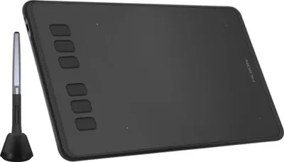 A black graphics tablet and stylus are shown on a white background.