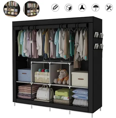 Productafbeelding van Draagbare garderobe - Vrijstaande kledingrek - Metalen frame - Planken - Kledingstangen - Geschikt voor slaapkamer en garderobe - Zwart