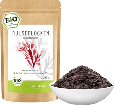 Produktbild von Dulse Flocken 100 g aus dem Atlantik | Dulse Algen aus Wildsammlung | 100% naturrein – Rohkost | bioKontor