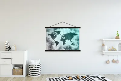 Produktbild von MuchoWow® Textilposter Weltkarte - Grau - Blau 120x80 cm mit schwarzem Rahmen - Wanddeko