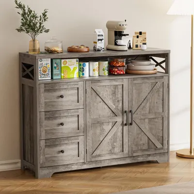 Image de Meuble de rangement buffet avec tiroirs et étagères, dimensions 120x35x95 cm, imitation bois gris