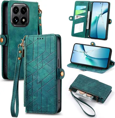 Produktbild von Für Xiaomi 15T 5G Geometric Design Kunstleder Zipper Book Wallet Tasche Grün