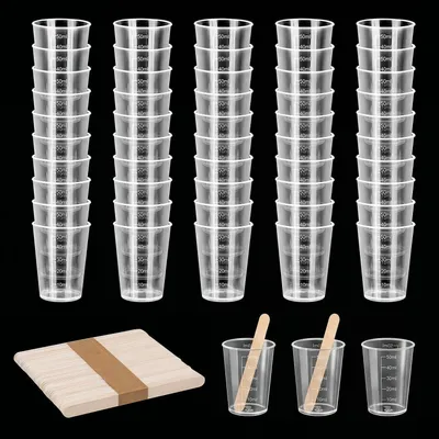 Produktbild von Messbecher 50ml Kunststoff 50 Stück mit Holzstäbchen Epoxidharz Mischbecher Skala