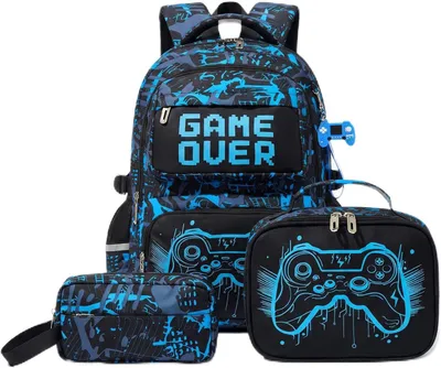 Produktbild von Kinderrucksack 3-teilig, blau, für Schule, wasserdicht, 15.6 Zoll Laptop, mit Lunchtasche und Federmäppchen