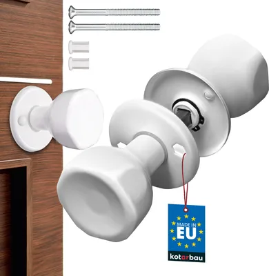 A white door knob set with mounting hardware and a product tag on a white background, with a section of a wooden door on the left.