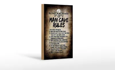 Produktbild von Holzschild Spruch 12x18cm man cave rules Totenkopf