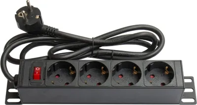 Immagine prodotto di Ciabatta elettrica da 10", 4 prese Schuko, 1U, alluminio, interruttore, nero