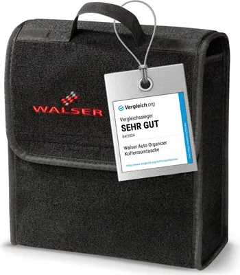 A black fabric car trunk organizer with a tag attached.