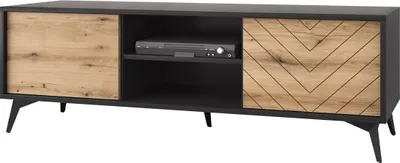 Produktbild von MIRJAN24 TV-Lowboard Diamond RTV154, Schwarz / Evoke Eiche, Laminatplatte, B154xT39xH50cm, gefräste Fronten, ABS-Kanten, grifflos, Push-to-open, Metallfüße