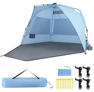 Produktbild von COSTWAY Pop Up Strandmuschel für 3-4 Personen, Strandzelt mit  Reißverschlusstür, 4 Mesh-Fenstern & 3 Sandtaschen, UV-Schutz 50+, Sonnenschutz