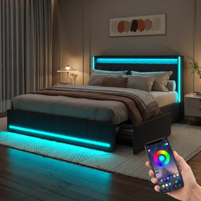 Obrázek produktu pro Postel s úložným prostorem 180x200 cm, postel s úložným prostorem, 4 zásuvky, čalouněná postel s LED osvětlením a USB porty, dvojlůžko s roštem, postel pro mládež, materiál: len, barva: šedá