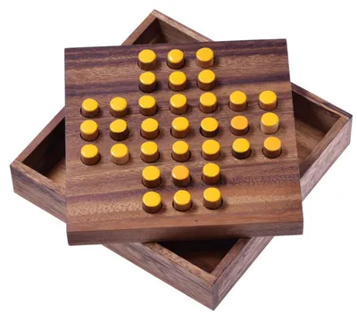 Produktbild von Solitär Gr. L mit gelben Steckern – Solitaire – Denkspiel aus Holz für 1 Person